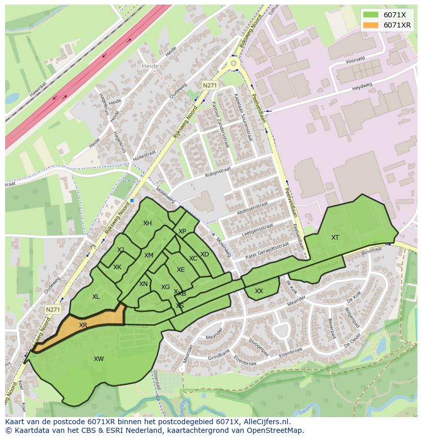 Afbeelding van het postcodegebied 6071 XR op de kaart.