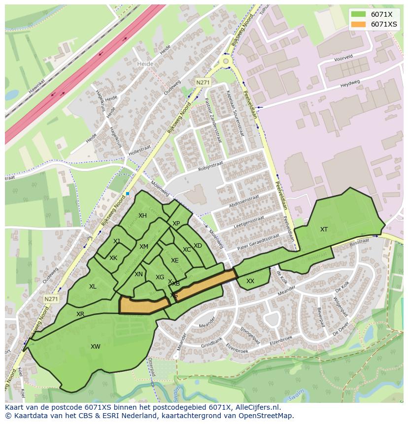Afbeelding van het postcodegebied 6071 XS op de kaart.