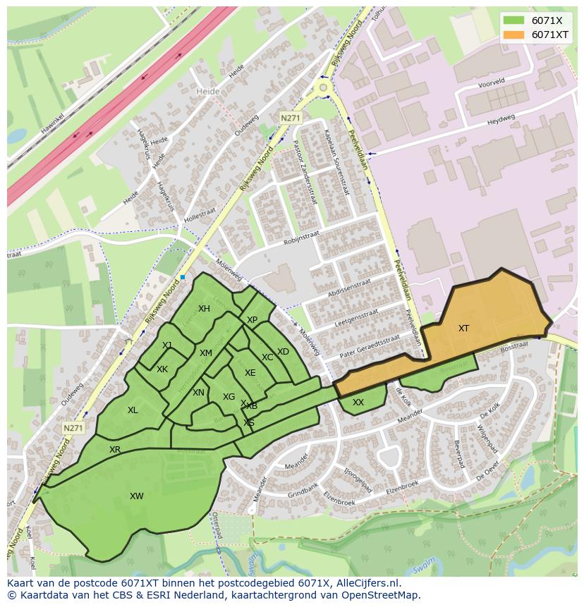 Afbeelding van het postcodegebied 6071 XT op de kaart.