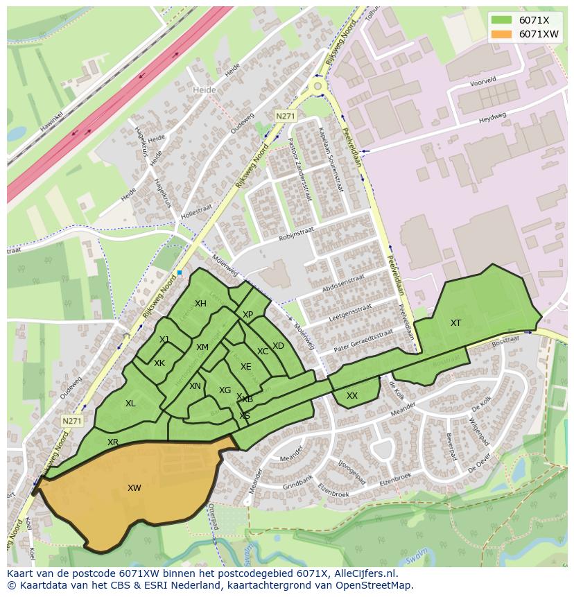 Afbeelding van het postcodegebied 6071 XW op de kaart.