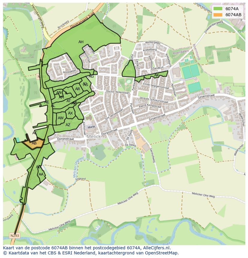 Afbeelding van het postcodegebied 6074 AB op de kaart.