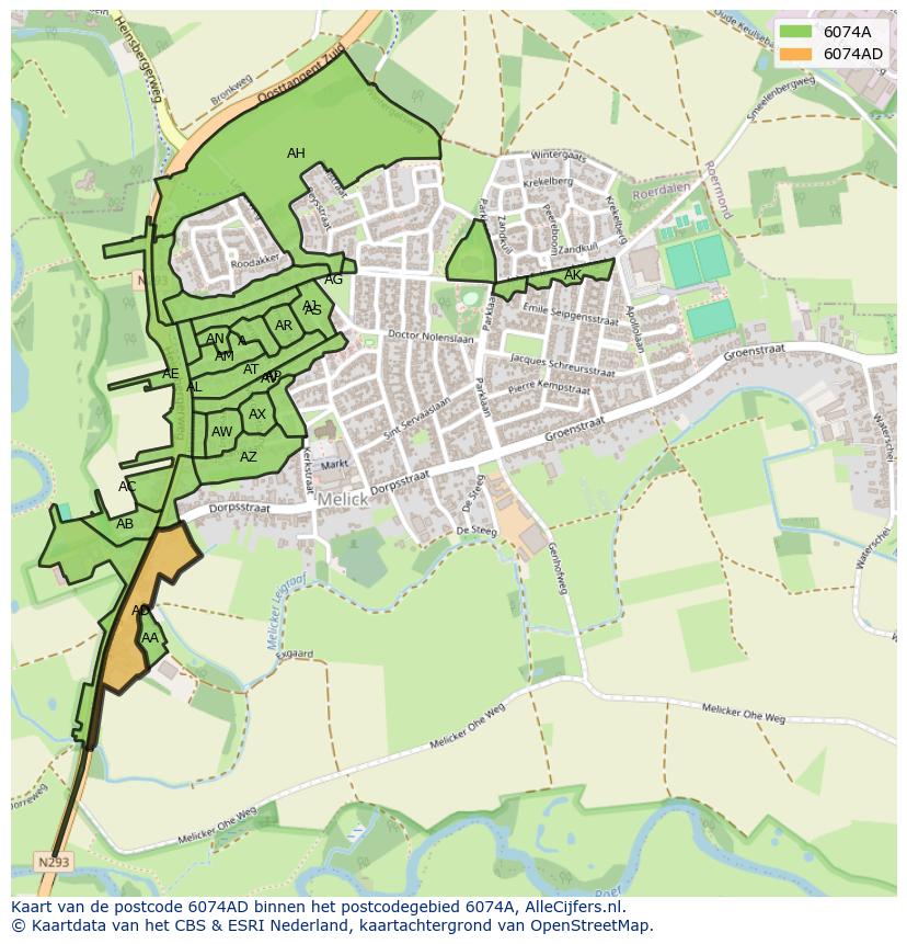 Afbeelding van het postcodegebied 6074 AD op de kaart.
