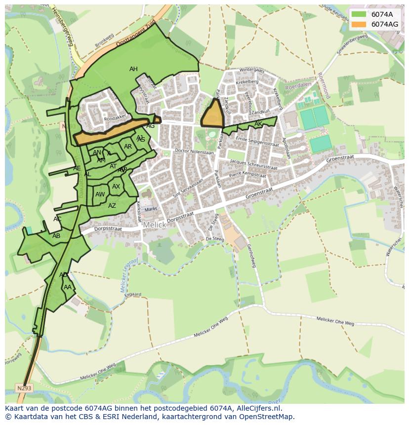 Afbeelding van het postcodegebied 6074 AG op de kaart.