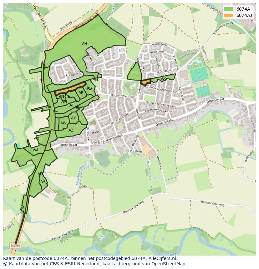Afbeelding van het postcodegebied 6074 AJ op de kaart.