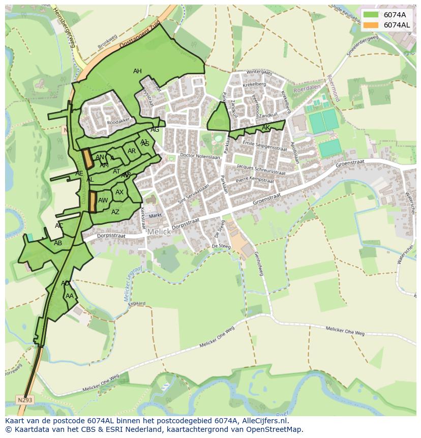 Afbeelding van het postcodegebied 6074 AL op de kaart.