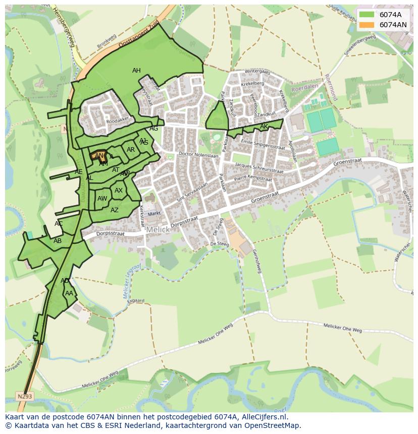 Afbeelding van het postcodegebied 6074 AN op de kaart.