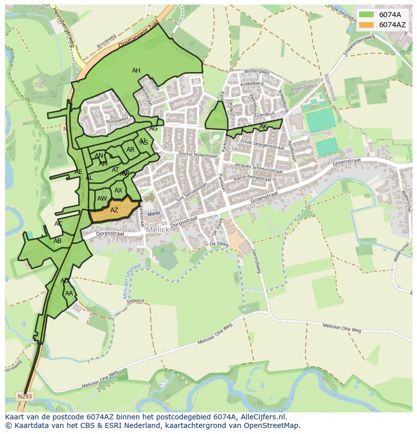 Afbeelding van het postcodegebied 6074 AZ op de kaart.
