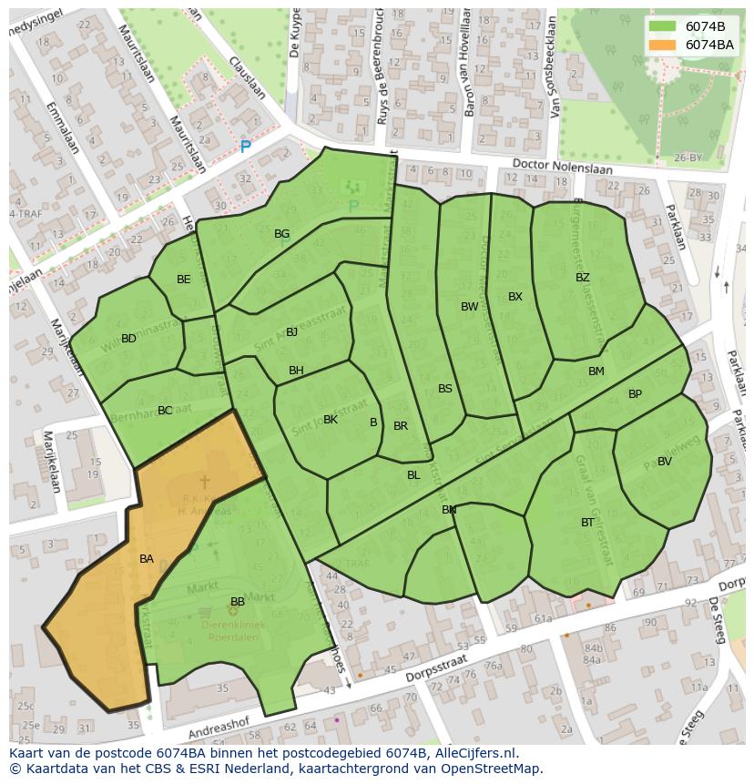 Afbeelding van het postcodegebied 6074 BA op de kaart.