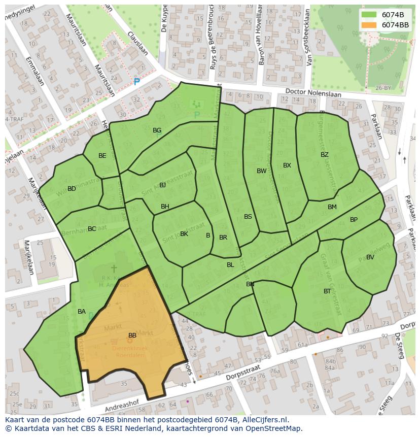 Afbeelding van het postcodegebied 6074 BB op de kaart.
