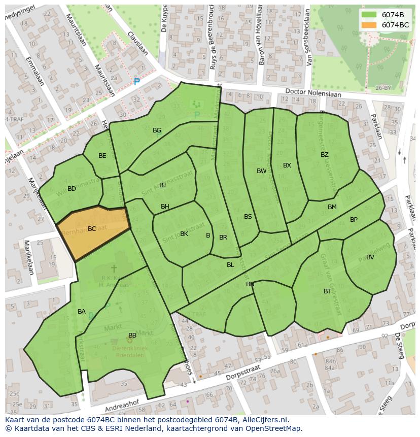 Afbeelding van het postcodegebied 6074 BC op de kaart.