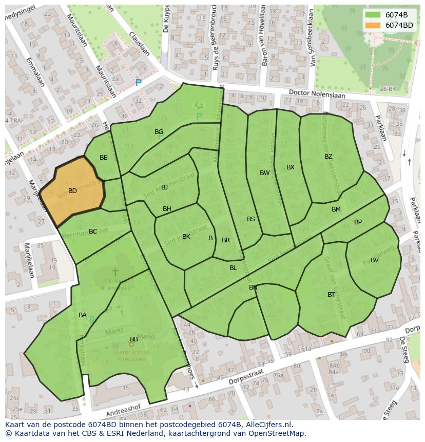 Afbeelding van het postcodegebied 6074 BD op de kaart.