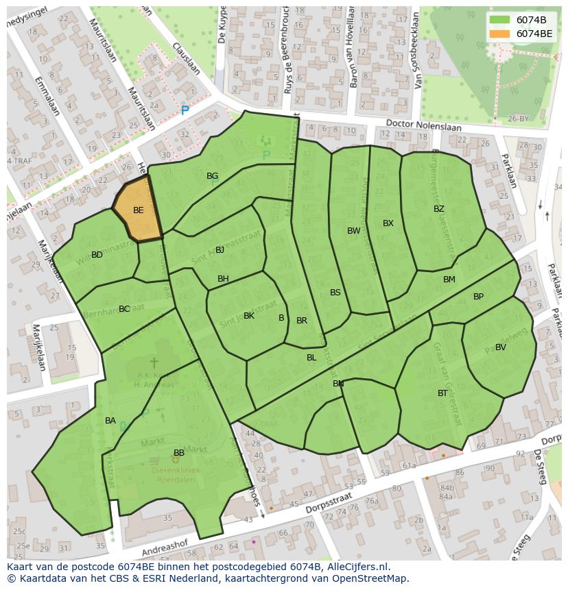 Afbeelding van het postcodegebied 6074 BE op de kaart.