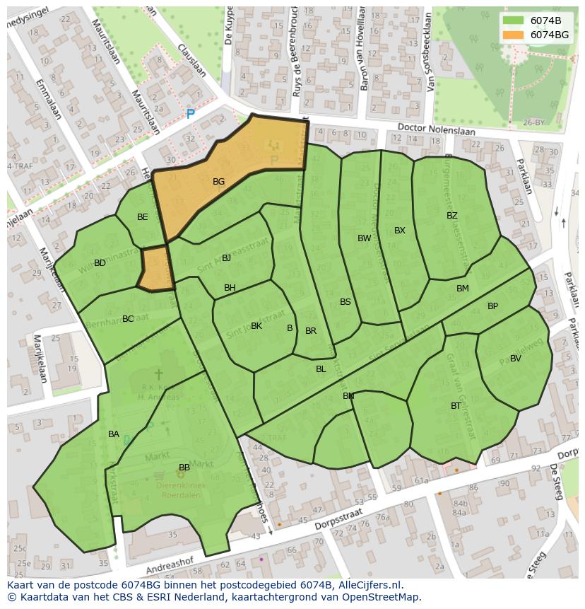 Afbeelding van het postcodegebied 6074 BG op de kaart.