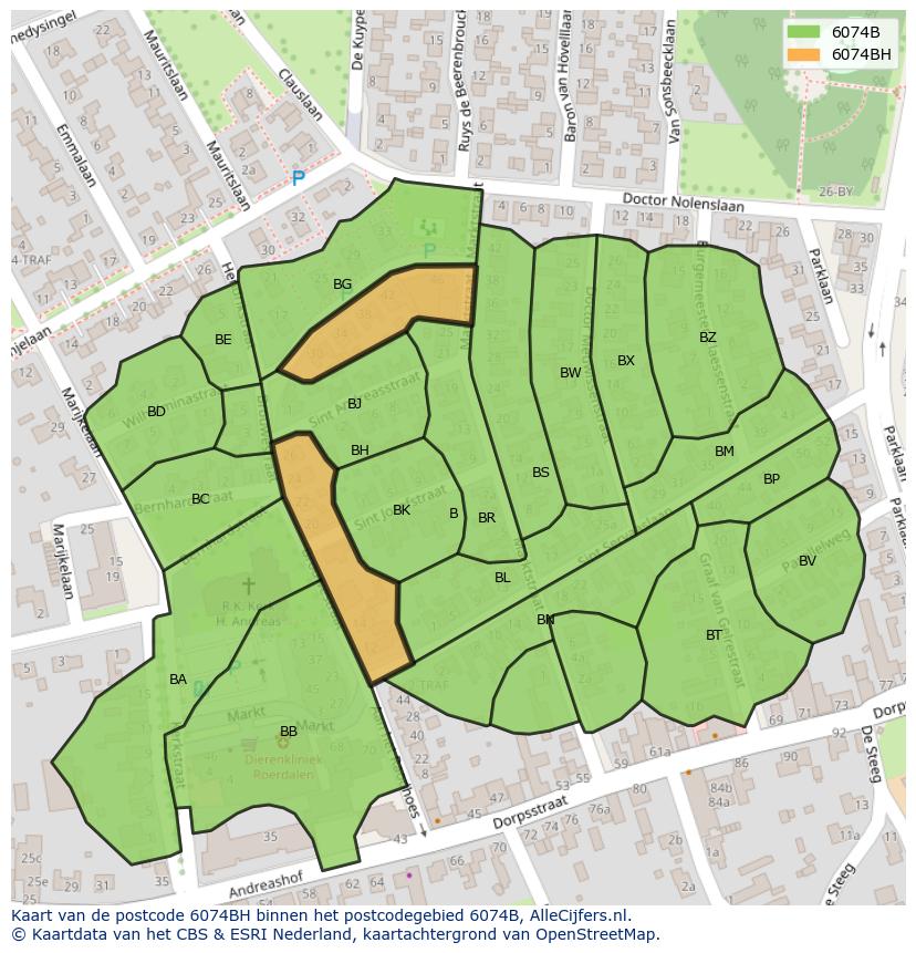 Afbeelding van het postcodegebied 6074 BH op de kaart.