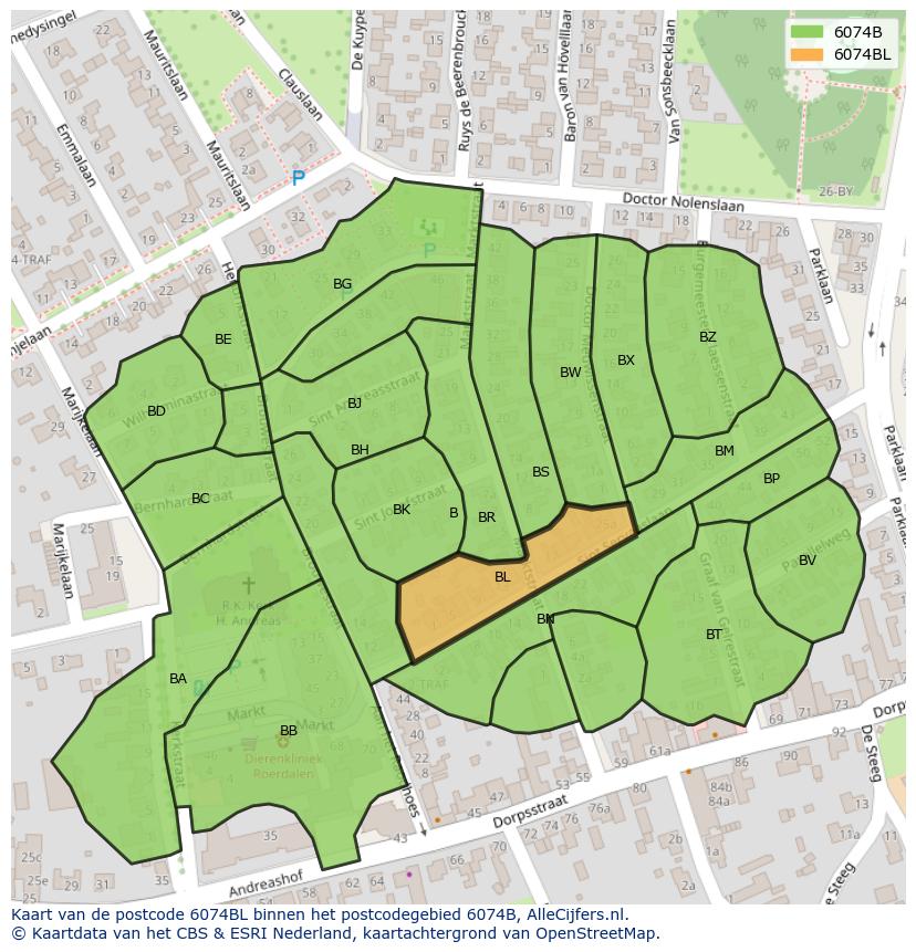 Afbeelding van het postcodegebied 6074 BL op de kaart.