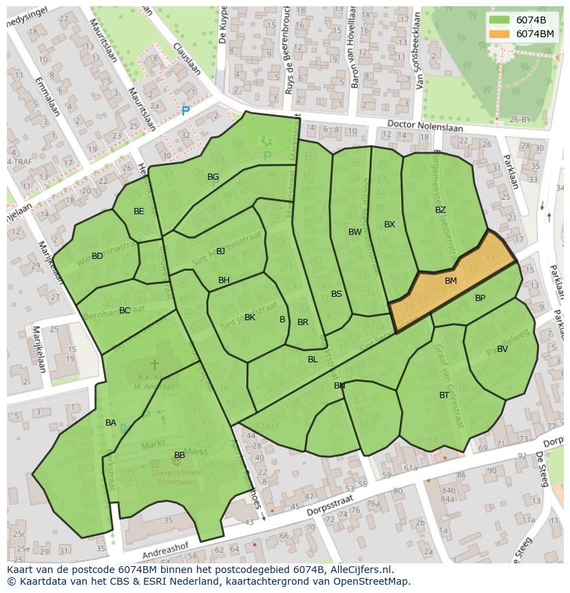 Afbeelding van het postcodegebied 6074 BM op de kaart.