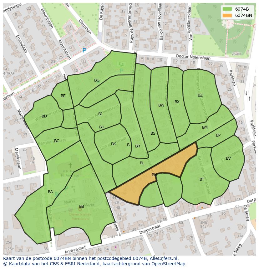 Afbeelding van het postcodegebied 6074 BN op de kaart.