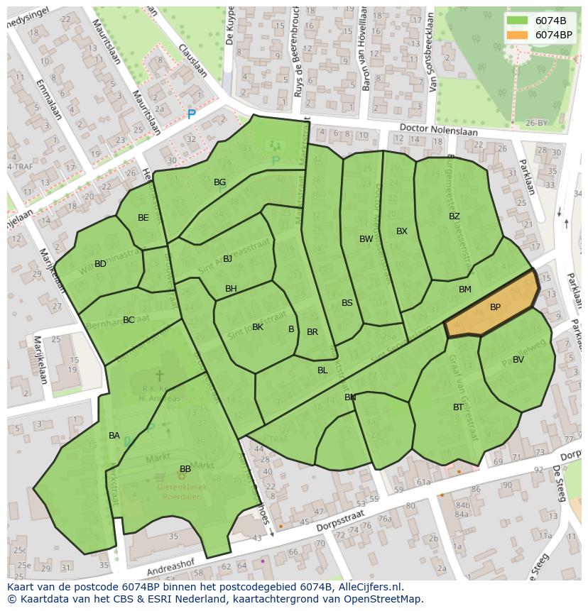 Afbeelding van het postcodegebied 6074 BP op de kaart.