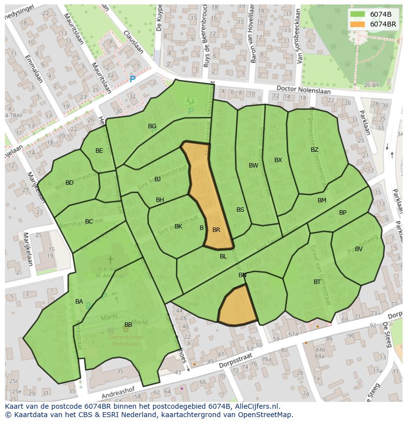 Afbeelding van het postcodegebied 6074 BR op de kaart.
