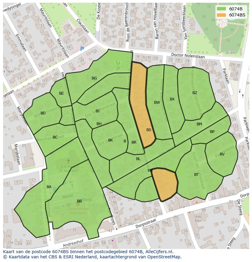 Afbeelding van het postcodegebied 6074 BS op de kaart.