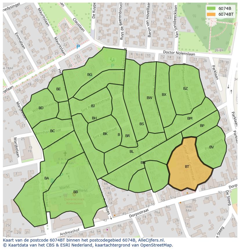 Afbeelding van het postcodegebied 6074 BT op de kaart.