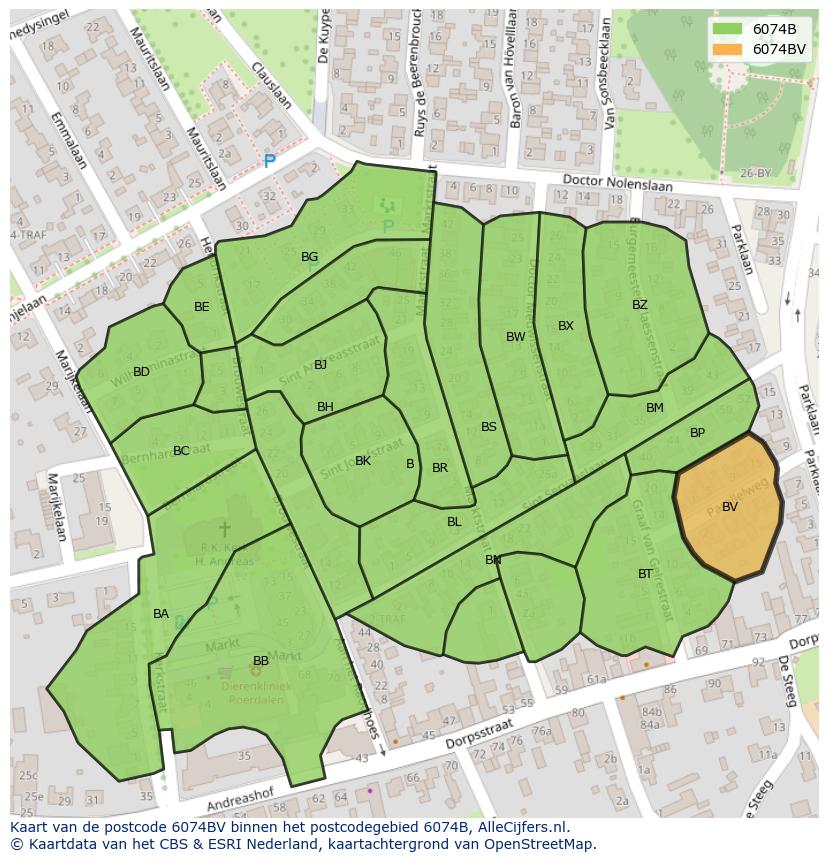 Afbeelding van het postcodegebied 6074 BV op de kaart.