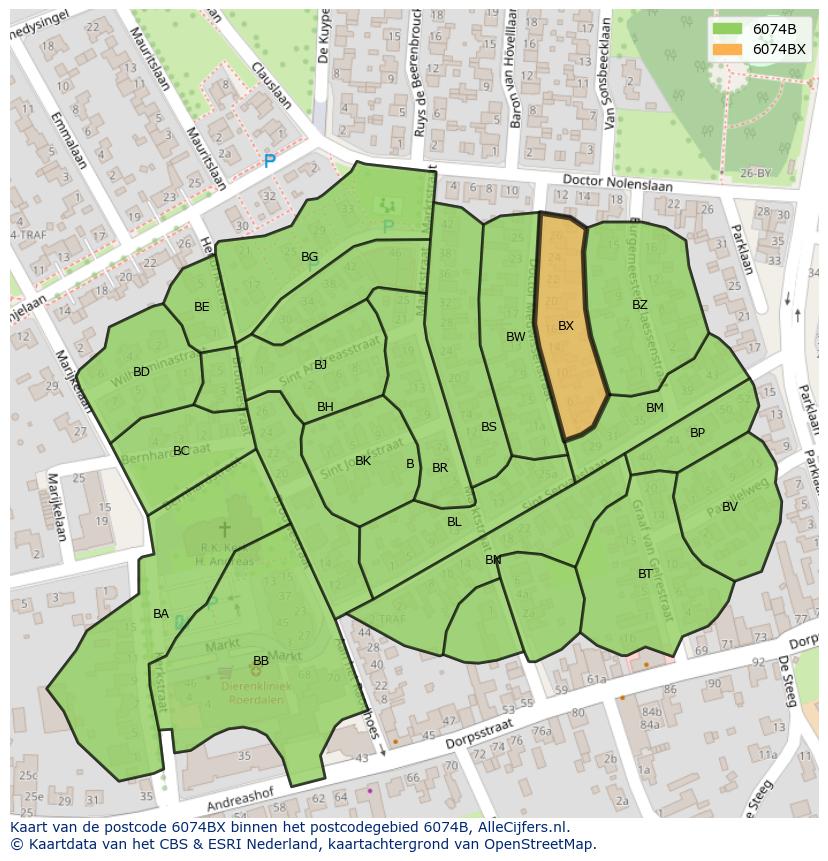 Afbeelding van het postcodegebied 6074 BX op de kaart.