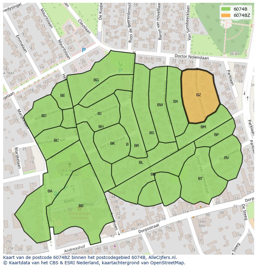 Afbeelding van het postcodegebied 6074 BZ op de kaart.