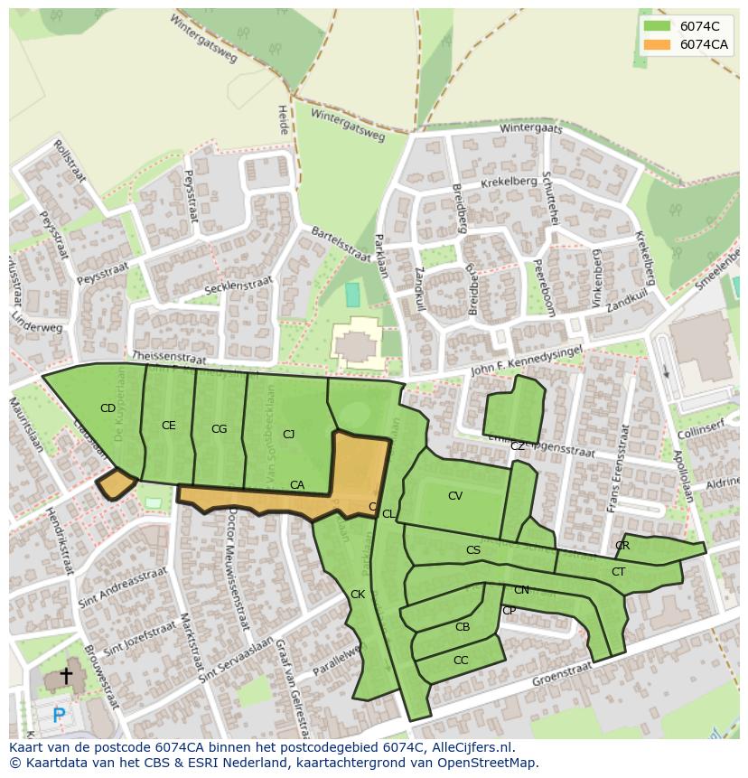 Afbeelding van het postcodegebied 6074 CA op de kaart.
