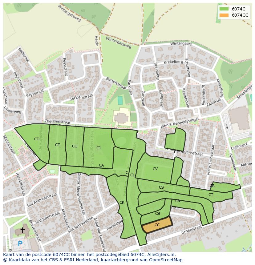 Afbeelding van het postcodegebied 6074 CC op de kaart.