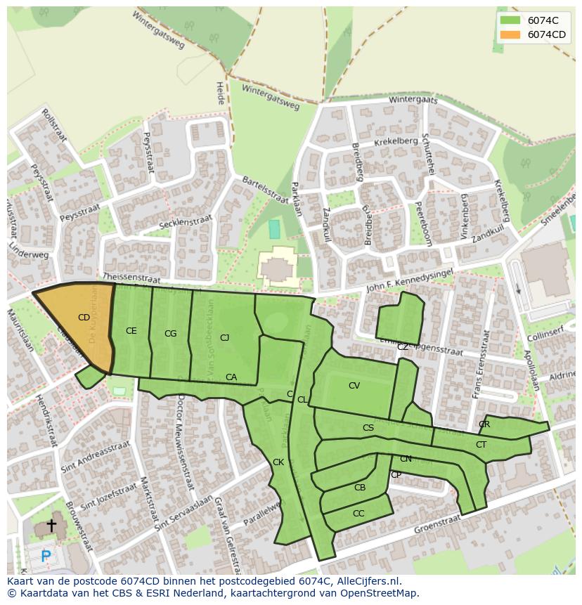 Afbeelding van het postcodegebied 6074 CD op de kaart.
