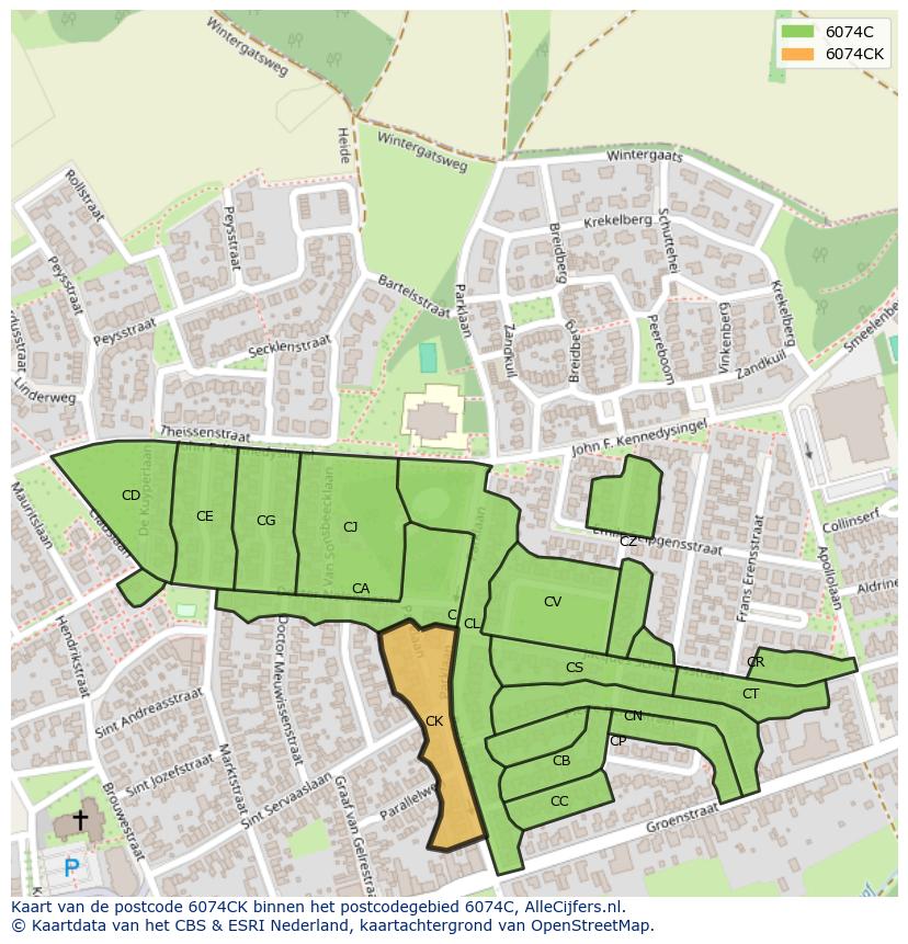 Afbeelding van het postcodegebied 6074 CK op de kaart.