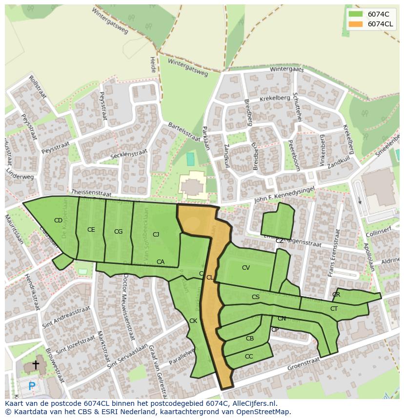 Afbeelding van het postcodegebied 6074 CL op de kaart.