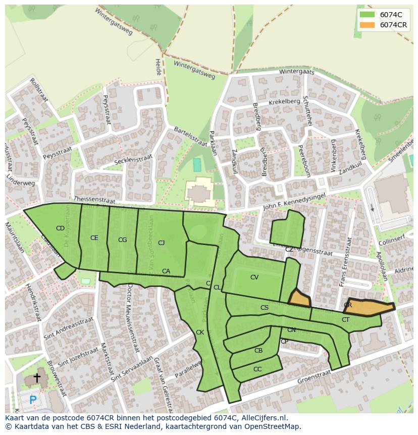 Afbeelding van het postcodegebied 6074 CR op de kaart.