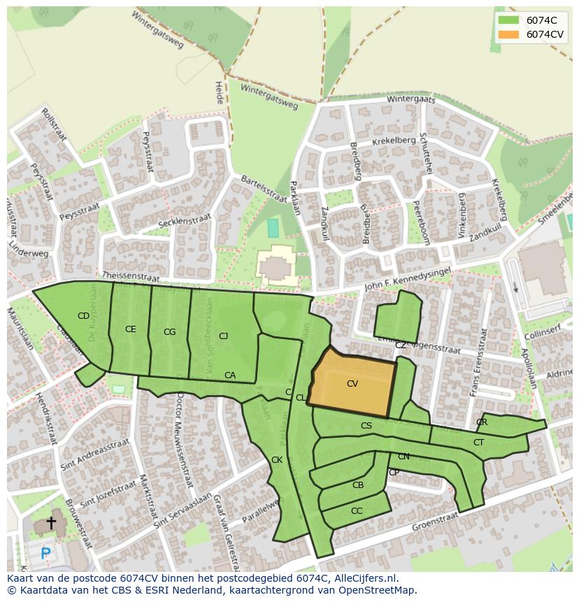 Afbeelding van het postcodegebied 6074 CV op de kaart.
