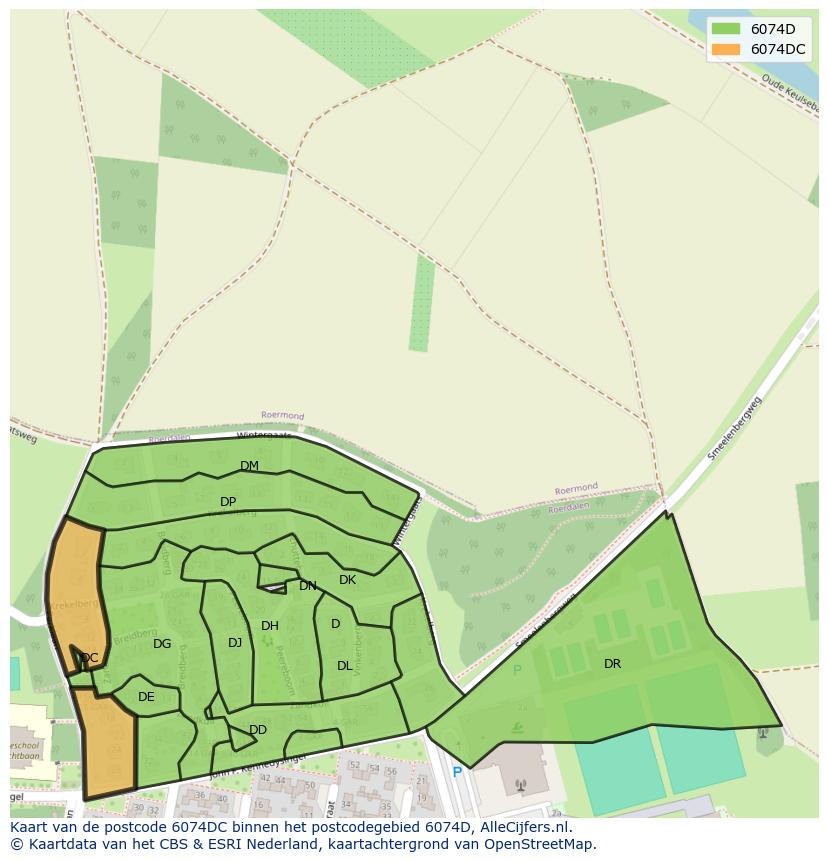 Afbeelding van het postcodegebied 6074 DC op de kaart.