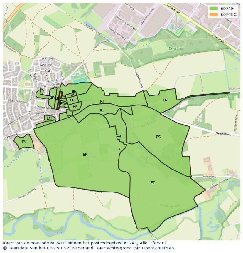 Afbeelding van het postcodegebied 6074 EC op de kaart.
