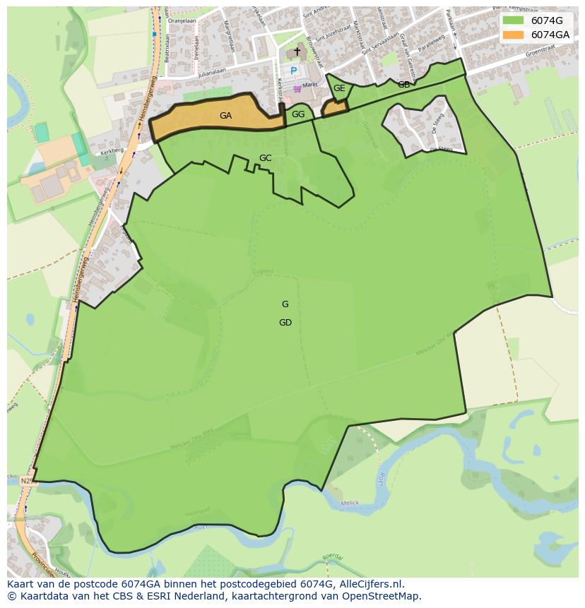 Afbeelding van het postcodegebied 6074 GA op de kaart.
