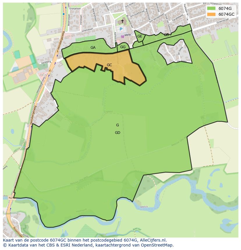 Afbeelding van het postcodegebied 6074 GC op de kaart.