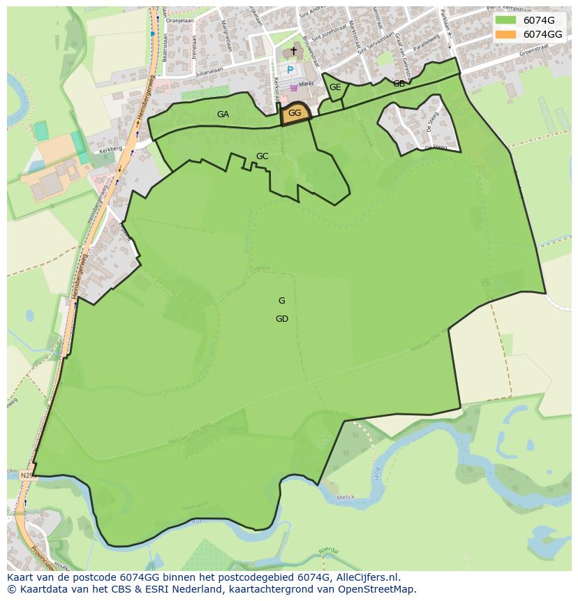 Afbeelding van het postcodegebied 6074 GG op de kaart.