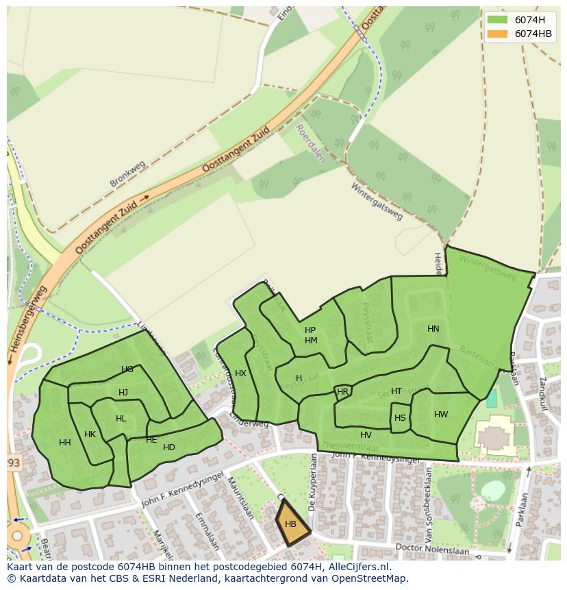Afbeelding van het postcodegebied 6074 HB op de kaart.
