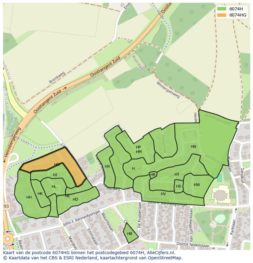 Afbeelding van het postcodegebied 6074 HG op de kaart.