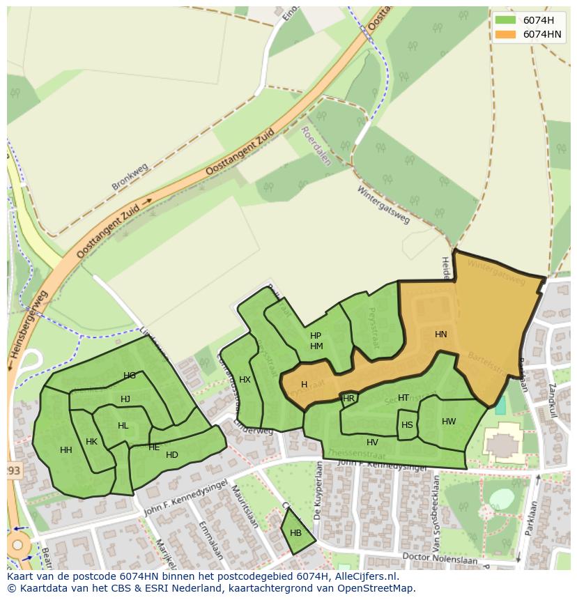 Afbeelding van het postcodegebied 6074 HN op de kaart.