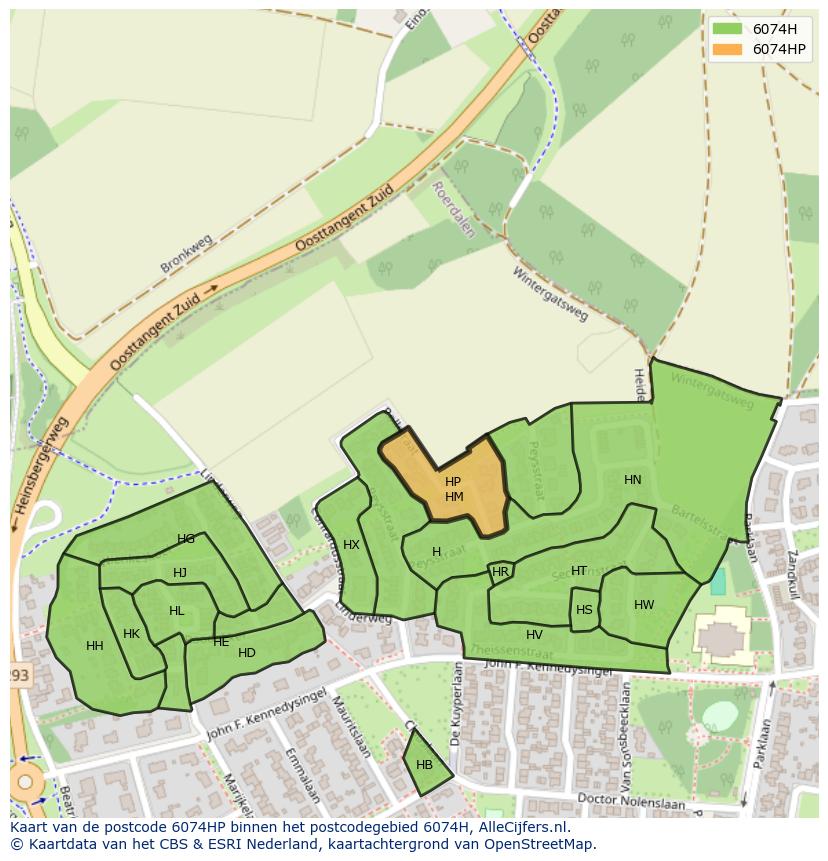 Afbeelding van het postcodegebied 6074 HP op de kaart.