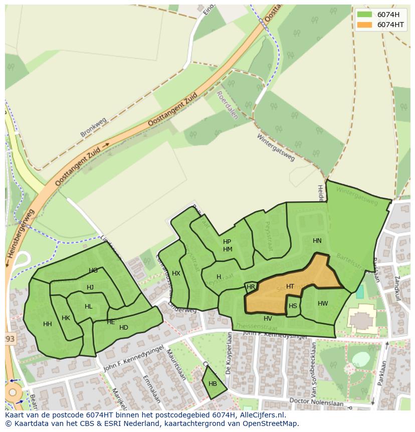 Afbeelding van het postcodegebied 6074 HT op de kaart.