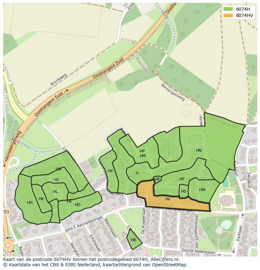 Afbeelding van het postcodegebied 6074 HV op de kaart.