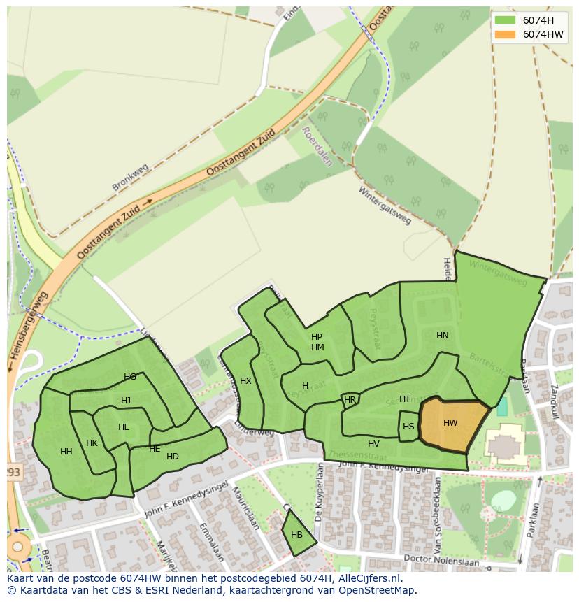 Afbeelding van het postcodegebied 6074 HW op de kaart.
