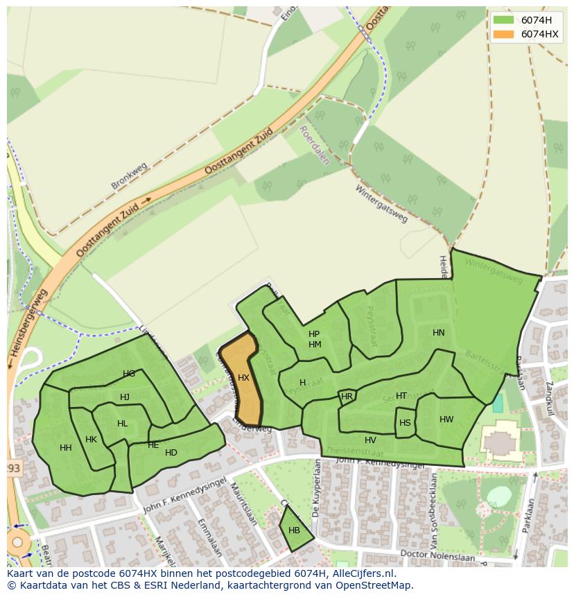 Afbeelding van het postcodegebied 6074 HX op de kaart.