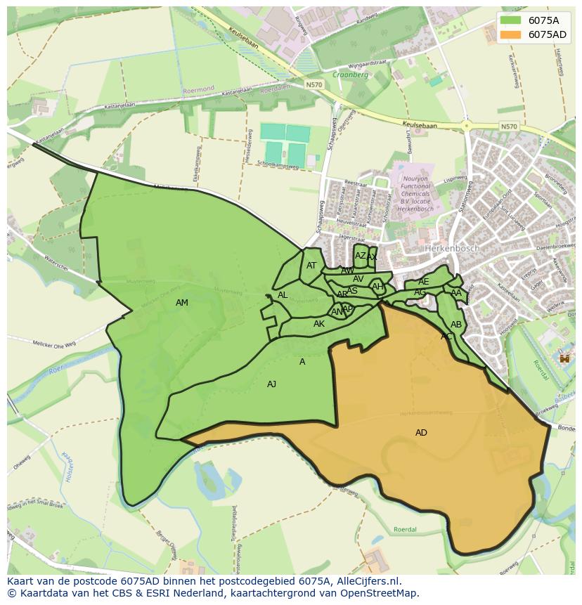 Afbeelding van het postcodegebied 6075 AD op de kaart.