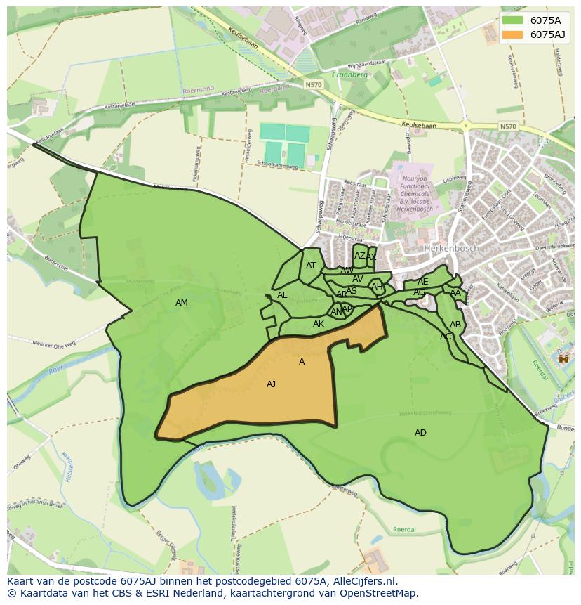 Afbeelding van het postcodegebied 6075 AJ op de kaart.